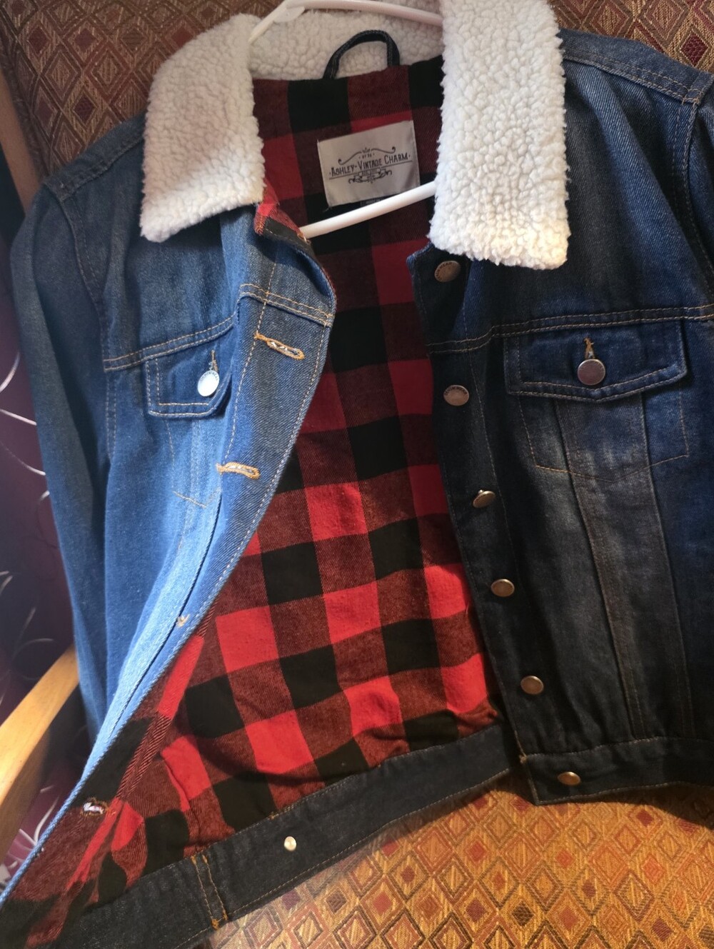 Denim Sherpa-Lined Kids Jacket with Red Buffalo Plaid Lining